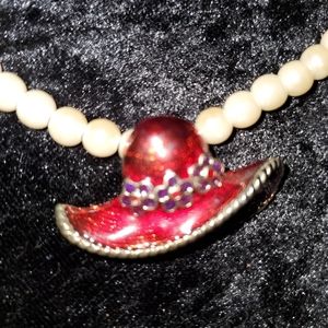 Vintage Pearls with Red Hat Pendant Purple flowers!)